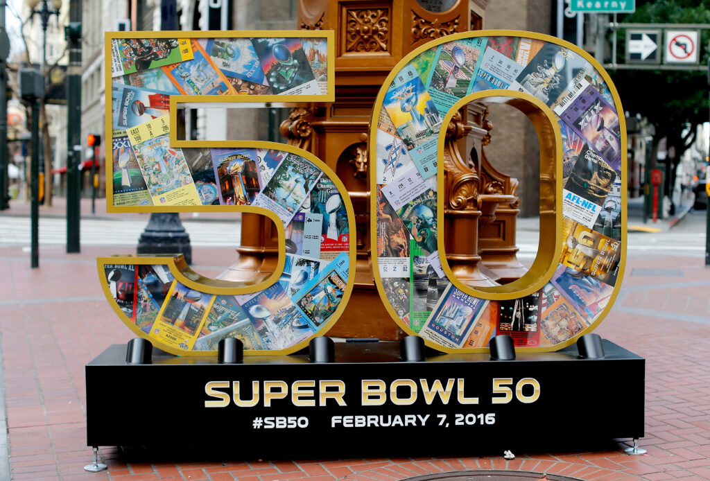 Super Bowl 50 art is seen on Market St. on Sunday, Jan. 31 2016 in San Francisco, Calif. (Ben Liebenberg via AP)