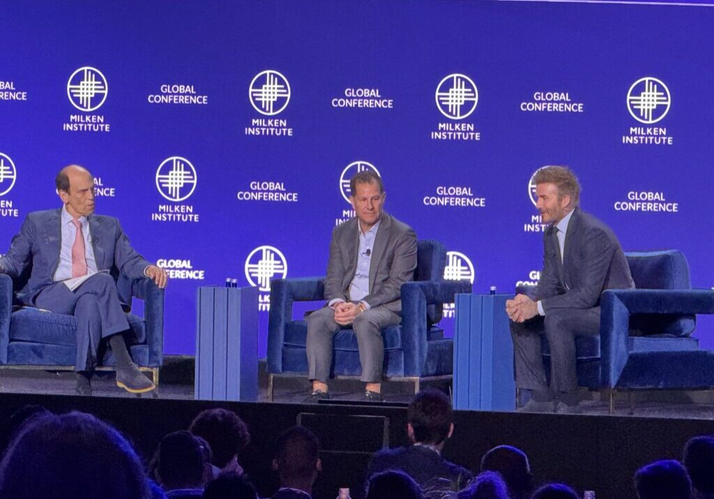 Milken Institute chairman Michael Milken, Authentic Brands Group CEO Jamie Salter, and David Beckham discuss brand strategy at the 27th Milken Institute Global Conference. 